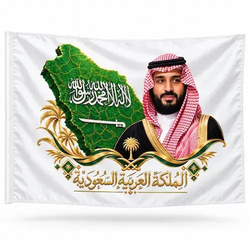 علم اليوم الوطني الفاخر – ولي العهد وخريطة المملكة