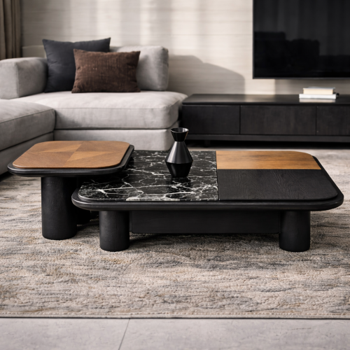 طاولة قهوة مودرن قطعتين - بسطح رخام وخشب فاخر