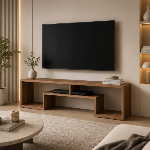طاولة تلفاز مودرن بتصميم مفتوح – لون خشبي طبيعي