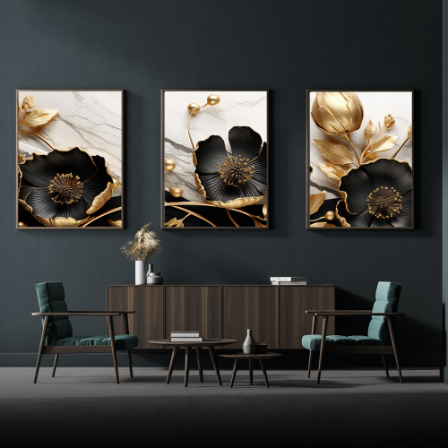 لوحة ثلاثية ، ورود ذهبية