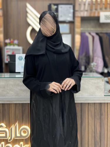 B390 عبايه تركيه قصه نص كلوش شغل ناعم اسود بقماش كريب ملكي -جاكرلون اسود