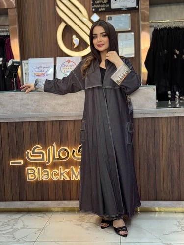 B069 عباية سيرين بقماش دنيم ناعم لون رمادي
