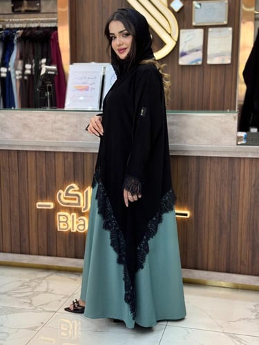 B059 عباية الهبه بقماش كريب ملكي لون تيفاني