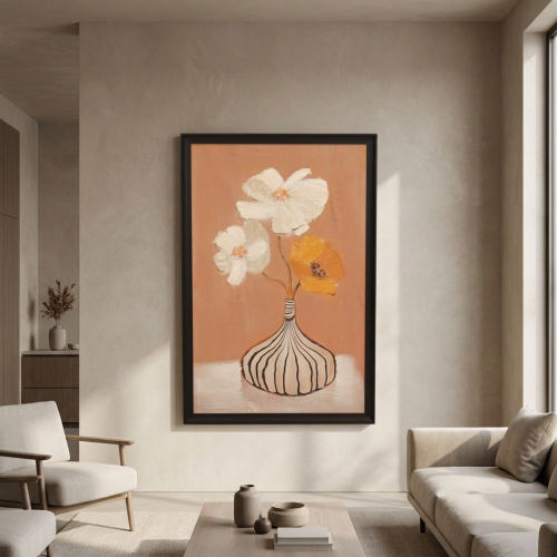 لوحة جدارية زهور فنية بإطار أسود 80×120 سم