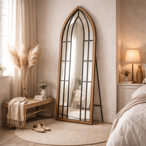 An arched floor mirror with a luxurious wooden fra...