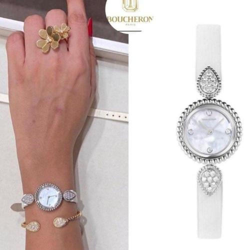 ساعة Boucheron ألماس بسير أبيض جلد مع سير أسود اضافي