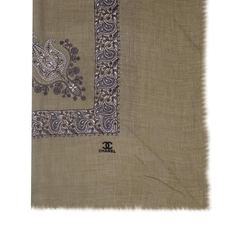 شال كشمري شانيل لون بيج غامق تطريز عنابي