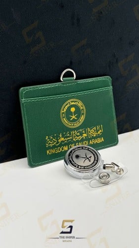 محفظة بطاقة عمل المملكة مع تعليقة اسود فضي