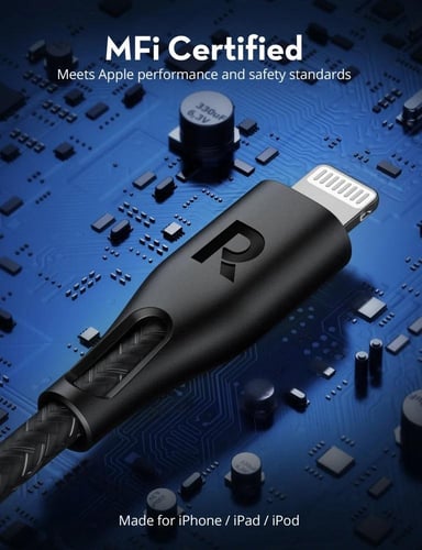 سلك شحن نايلون راف باور من USB-A إلى لايتنينق 3 مت...