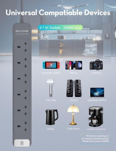 توصيلة راف باور 6 منافذ بقوة 2990 واط - رمادي