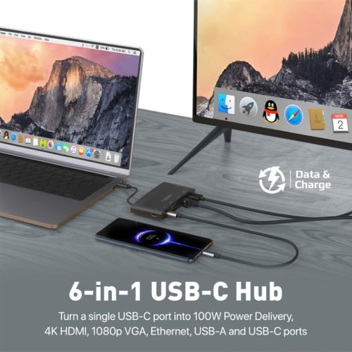 موزع USB-C متعدد المنافذ 6 في 1 يتضمن HDMI بدقة VG...