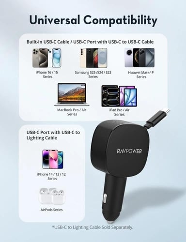 شاحن سيارة راف باور بقوة 75 واط بمنفذ تايب سي ومنف...