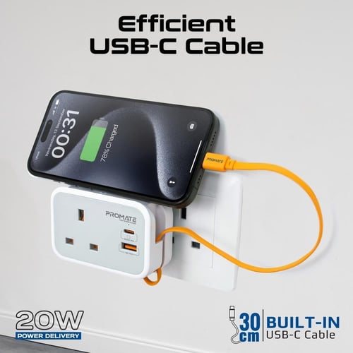 أقوى شاحن مقبس AC متعدد الوظائف مع كابل USB-C مدمج...