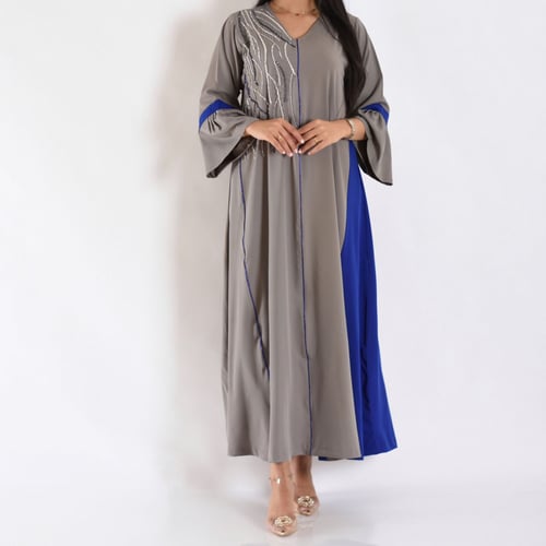 جلابية مطرزة رمادي بأزرق