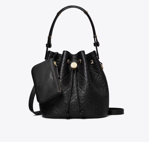 T MONOGRAM PEBBLED BUCKET BAG