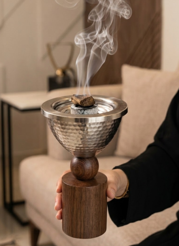 مبخرة استيل فضي مطفي فاخرة مع ديكور خشبي