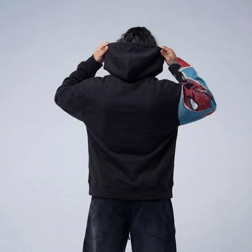 هودي انمي تطريز كم كامل شخصية سبايدر مان - اسود