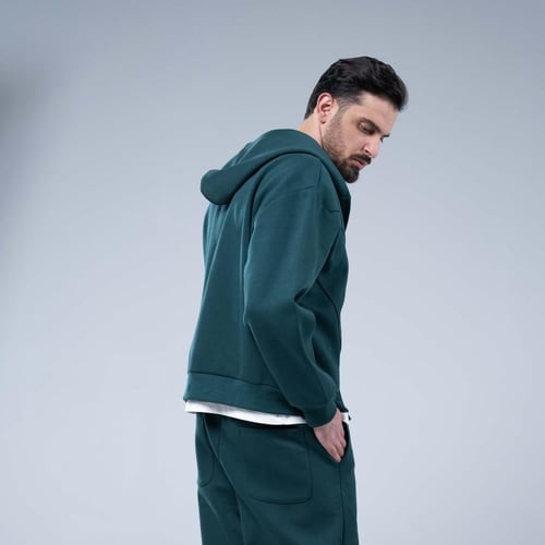 طقم رياضي أوفرسايز جاكيت بسحاب كامل وخطوط بارزة وق...