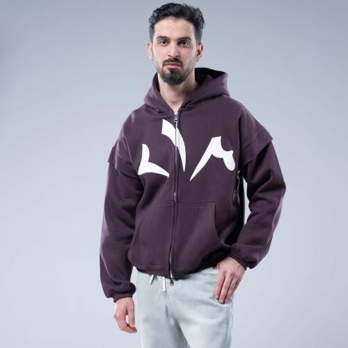 هودي واسع بكاب وطباعة بيضاء حادة - ارجواني