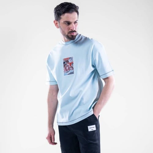 تيشيرت اوفرسايز خامه طبيه بطبعه خلفيه كبيرة - ازرق...