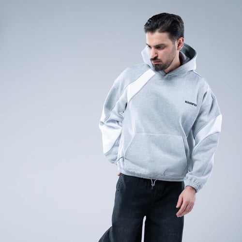 هودي اوفرسايز بكاب وتفاصيل بيضاء منحنية- رمادي