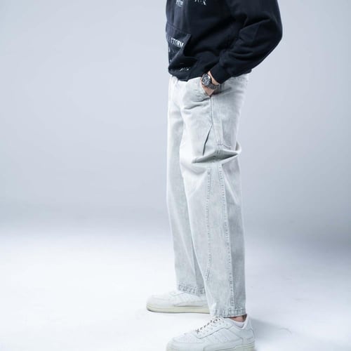 بنطلون جينز واسع أوفرسايز بخصر مطاطي وقصة عريضة -...