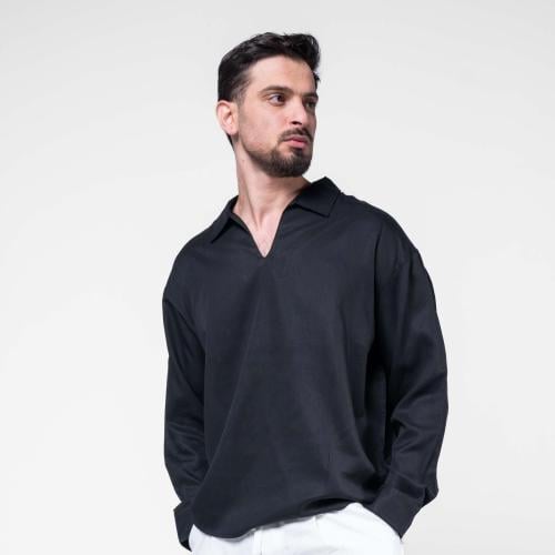 قميص مخملى باكمام طويلة - أسود