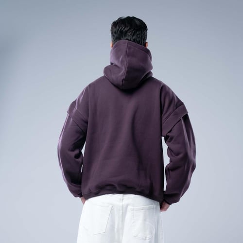 هودي اوفرسايز بكاب وتطريز ريش أزرق رمادي - ارجوانى