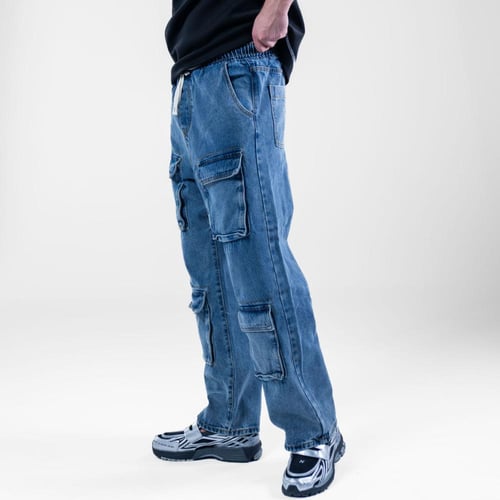 بنطلون جينز كارجو مريح وعملي - ازرق