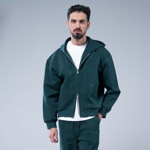 طقم رياضي أوفرسايز جاكيت بسحاب كامل وخطوط بارزة وق...