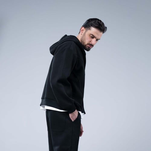 طقم رياضي أوفرسايز جاكيت بسحاب كامل وخطوط بارزة وق...