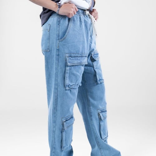 بنطلون جينز كارجو مريح وعملي - سماوي