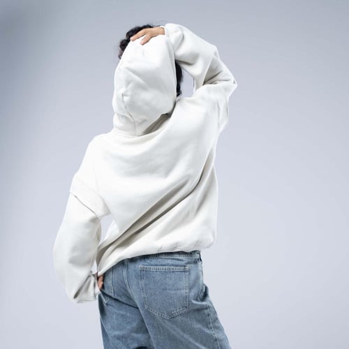 هودي اوفرسايز بكاب وتطريز ريش أزرق رمادي- أبيض