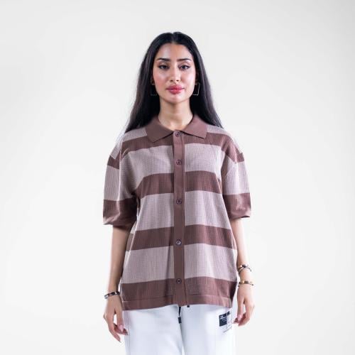 قميص اوفر سايز مخرم بخطوط عريضة متعدد الألوان - بن...