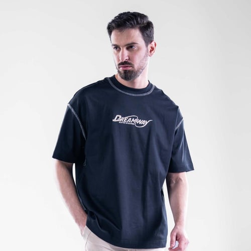 تيشيرت اوفرسايز خامه طبية بطبعة خلفية كبيرة - اسود