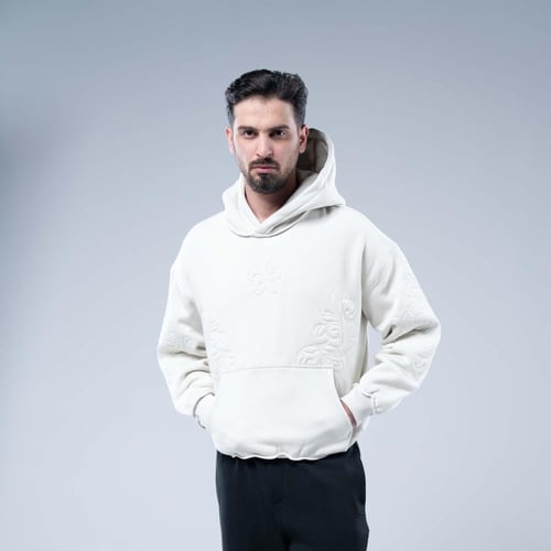 هودي واسع بكاب سكرى بتطريز منقوش بارز