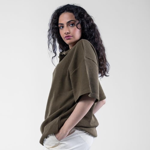 تيشيرت بولو اوفر سايز مخرم - زيتي