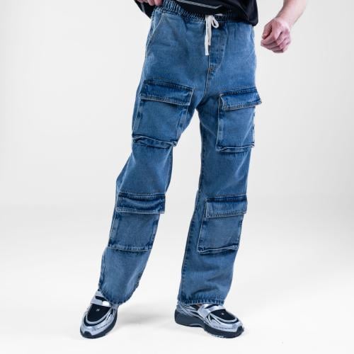 بنطلون جينز كارجو مريح وعملي - ازرق