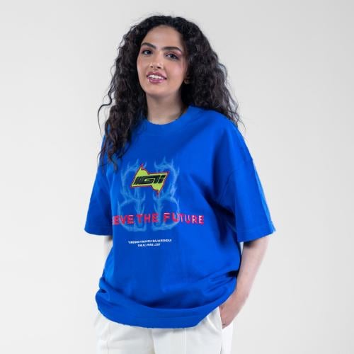 تيشيرت أوفرسايز بطبعه أماميه مميزة - ازرق