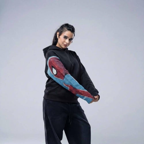 هودي انمي تطريز كم كامل شخصية سبايدر مان - اسود