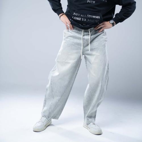 بنطلون جينز واسع أوفرسايز بخصر مطاطي وقصة عريضة -...