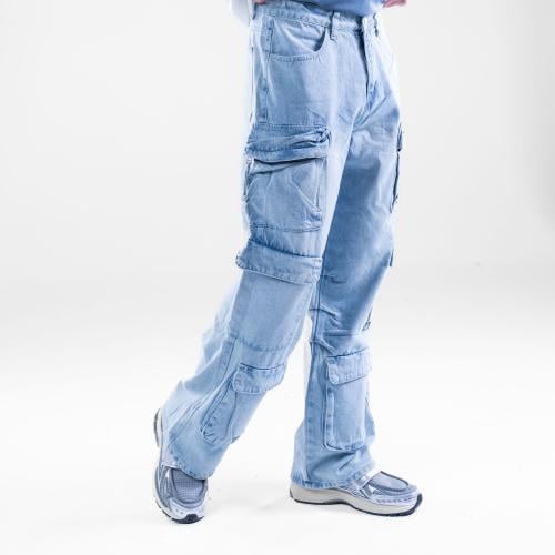 بنطلون جينز كارجو اوفر سايز بجيوب متعدده - ازرق