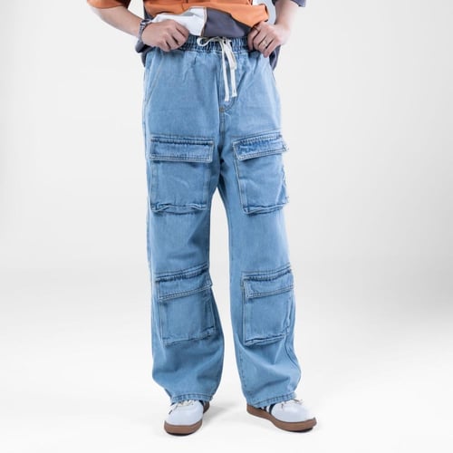 بنطلون جينز كارجو مريح وعملي - سماوي