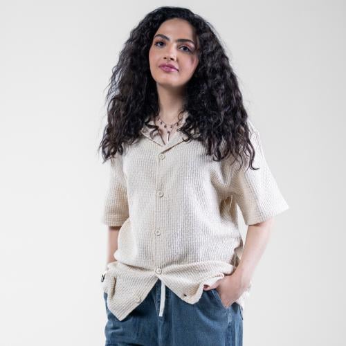قميص قطن اوفرسايز بنسيج بارز باكمام قصيرة - بيج