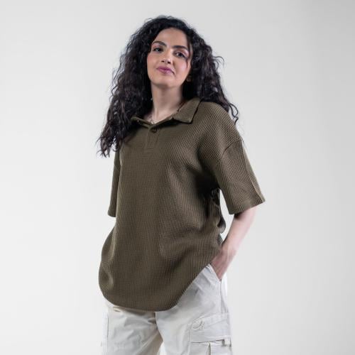 تيشيرت بولو اوفر سايز مخرم - زيتي
