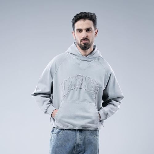 هودي اوفرسايز بكاب بتطريز بارز بنفس اللون - رمادي