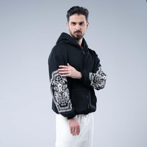 هودي واسع بكاب بسحاب وتطريز مزخرف على الأكمام - اس...