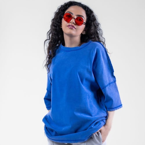 تيشيرت قطن أوفر سايز بخياطة خارجية بارزة - ازرق