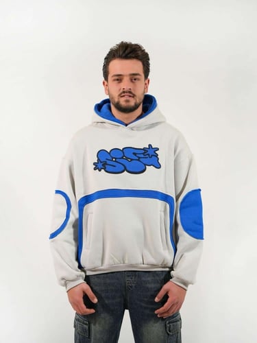 هودي بلونين مع تطريز امامي وجيوب - رمادي فاتح