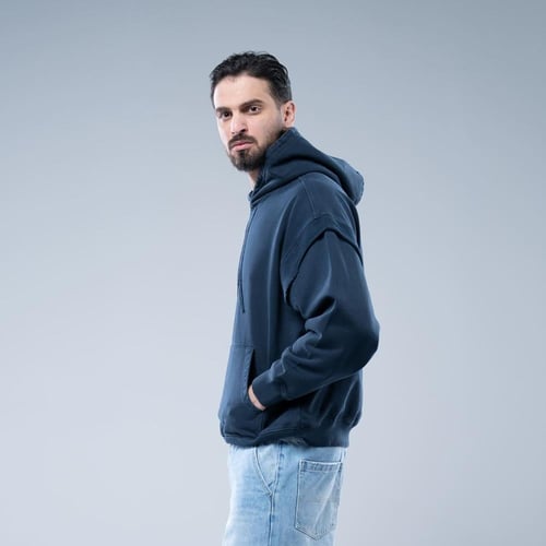 هودي اوفرسايز بكاب بتطريز بارز بنفس اللون - ازرق